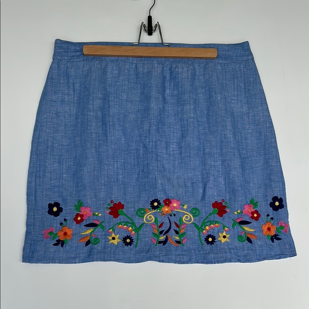 Talbots Embroidered Linen Chambray A-Line Skirt - Picture 2 of 11